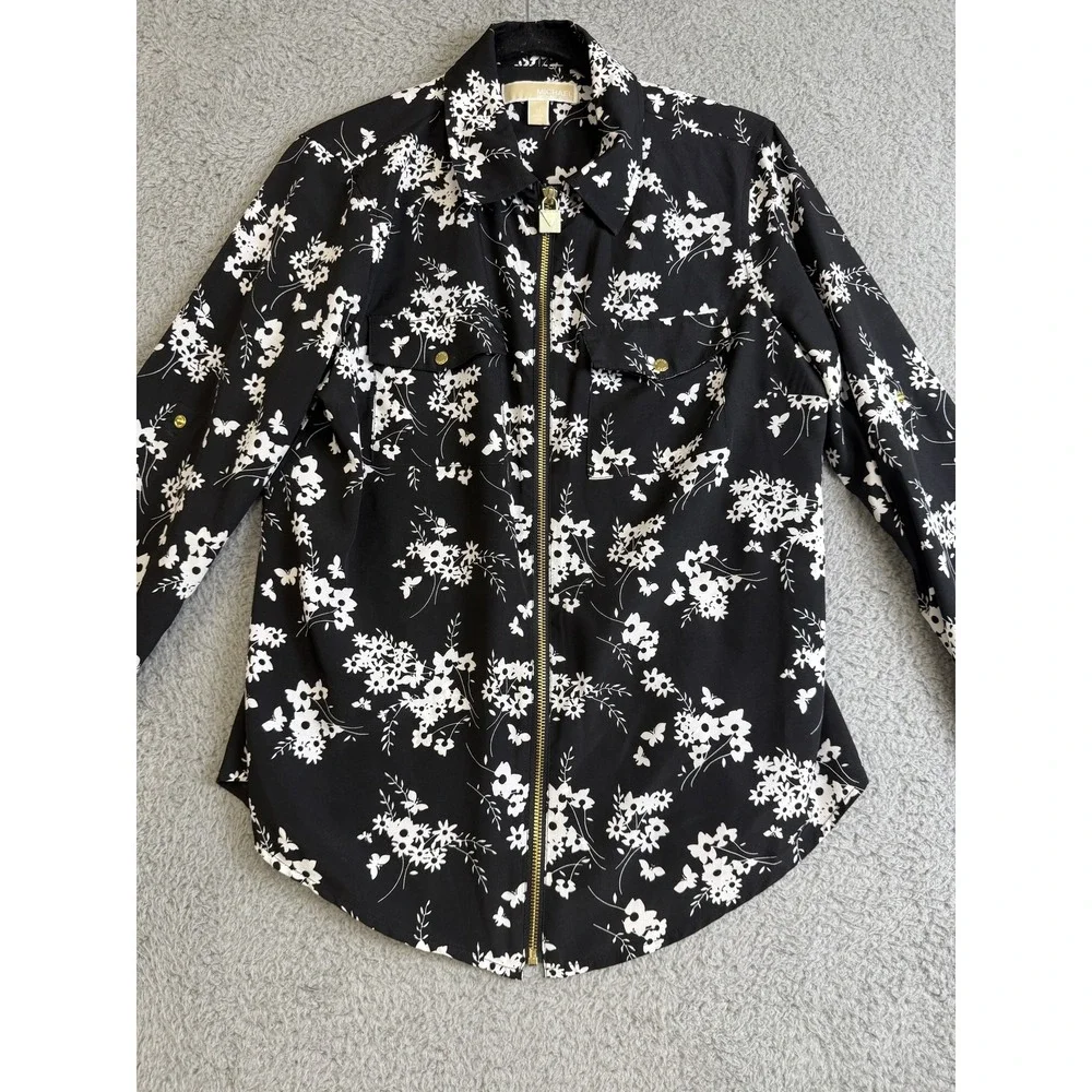 Michael Kors Jacket Womens Medium Black White Floral Full Zip Gold Accents Shirt
